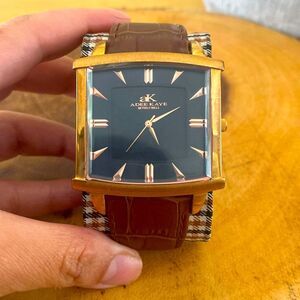 Adee Kaye AK2220-MRG Men's Gold Tone Case/Hands/Markers Black Leather Band Watch